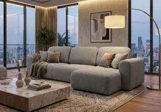 Ecksofa mit Schlaffunktion BRUSK Sofa in Stoff Pop Hellgrau Ottomane Rechts