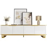 Merax Lowboard in Weiß und Gold, TV-Board mit vier Türen und Stauraum (1 St., 160 x 37,5 x 48 cm), TV-Schrank mit geometrischer 3D-Front, Kabelmanagement, Metallrahmen