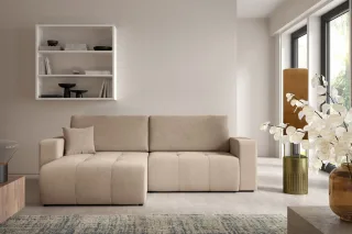 Ecksofa Sofa mit Schlaffunktion AUGUSTO in Stoff Wind Beige Ottomane Links