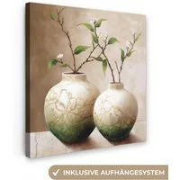 OneMillionCanvasses® Leinwandbild Blumen - Vase - Weiß - Botanisch - Beige, Fotodruck (1 St), Wandbild, Deko Schlafzimmer Wohnzimmer Flur 20x20 cm