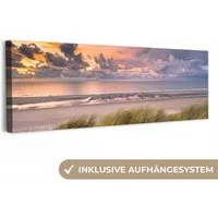 OneMillionCanvasses® Leinwandbild Panorama Sonnenuntergang - Düne - Strand - Pflanzen - Meer, Fotodruck (1 St), Wandbild, Deko Schlafzimmer Wohnzimmer Flur 60x20 cm