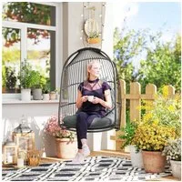 Outsunny Schaukelstuhl mit Kissen, Polyrattan, faltbar,belastbar bis 150kg (Hängesessel, 1 St), für Wohnzimmer, Balkon, Terrasse, Dunkelgrau