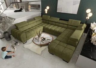 Wohnlandschaft Schlafsofa BASTIEN XL in Stoff Terra Mintgrün Ottomane Rechts