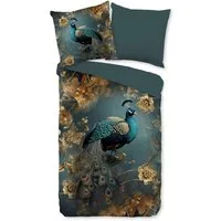 PURE luxury collection Wendebettwäsche Savaya, Microfaser, 2 teilig, Mikrofaser, 135x200, Pflegeleicht, Wende, Pfau, Blumen, Petrol, Gold