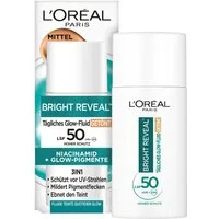 L'ORÉAL PARIS Gesichtsfluid BRIGHT REVEAL TÄGLICHES GLOW-FLUID GETÖNT MITTEL LSF 50, mit Vitamin C und E, feuchtigkeitsspendend.