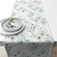Ambiente Luxury Paper Products Tischläufer, Tischläufer Baumwolle 40cm x 1,5m mit Eukalyptus Motiv Grün / Weiß