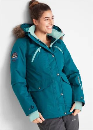 bonprix wasserdichte Funktions-Jacke, petrol, Gr.38, Praktische Regenjacke mit abnehmbarer Kapuze sowie abnehmbarem Fellimitat und verschließbaren Taschen