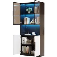 MODFU Vitrine weiße Türen mit schwarzer Dekoration (Bücherregal für Sammlerstücke, 1-St., 4 Türen(2 Glastüren) mit Glastüren,LED-Leuchten,einstellbare Farbtemperatur und Helligkeit