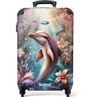 NoBoringSuitcases.com© Kinderkoffer Delfin und Fisch in der Unterwasserblumenwelt 55x35x20cm, 4 Rollen, Kinder Koffer Klein, Trolley Handgepäck, Reisekoffer