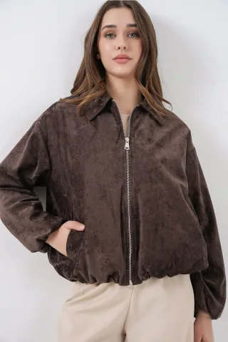 Übergroße Samt Zip-Jacke mit Taschen