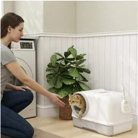 PawHut Katzentoilette Katzenklo mit Deckel Schaufel ausziehbares Tablett 2 Aktivkohlefilter, für Katzen bis 5 kg 59 x 39,5 x 39,5 cm Weiß+Grau