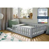 Kids Collective Kinderbett Bodenbett Bett mit Rausfallschutz & Lattenrost Montessori Bett Kinder (Jungen, Mädchen, Kinder, weitere Größen 80x160, 80x180, 90x190, 90x200, 140x200 cm), Jugendbett Einzelbett mit Matratze Aschgrau Kiefer 120x200 cm
