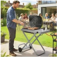 Outsunny Gasgrill mit Faltbarem Rollwagen, Grillrost, Seitentisch, Deckel, Thermometer, Tischgrill, Grillwagen, für BBQ Camping Garten Terrasse