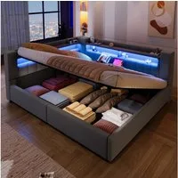 Flieks Polsterbett, Hydraulisches Daybett 140x200cm mit Ladefunktion und LED-Beleuchtung