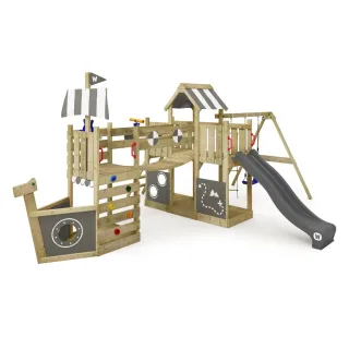 Spielturm ArcticFlyer mit Wellenrutsche, Doppelschaukel, Kletterwand und Sandkasten - Massivholz Garten-Klettergerüst für Kinder - Wickey