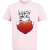 MyDesign24 Print-Shirt bedrucktes Mädchen T-Shirt eine Katze mit Herz Kurzarm Baumwollshirt mit Aufdruck i120