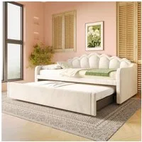 Merax Daybett 90x200cm/180x200cm Tagesbett mit Ausziehbett (1 tlg), Polsterbett mit LED-Streifen, Schlafsofa Kinderbett, Samt