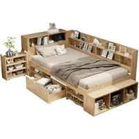 SeedWave Holzbett Tagesbett mit USB- / Kabelloser-Ladefunktion, Nachttisch, 90/140×200cm, Stauraumbett mit 1× Rollenschublade, Staufächern