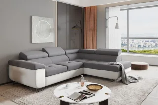 Ecksofa Sofa JADE Stoff Soft / Sawana Weiss-Grau mit Schlaffunktion Ottomane ...
