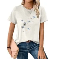 PYLIKE Rundhalsshirt Damen Casual Kurzarmshirt mit Löwenzahn Druck bequemes t shirt Bequem für Freizeit und Büro,Strandurlaub