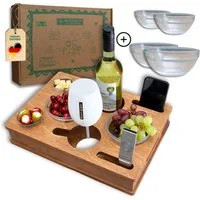PEGSEN Servierplatte All in One Couchbar Sofatablett mit 4 Snackschalen, Birkenholz, (Set, 5-tlg., abnehmbarer Deckel, mit 4 lebensmittelechten Glasschalen), passend für Kaffeetassen, Weingläser, 0,5L Bierflaschen