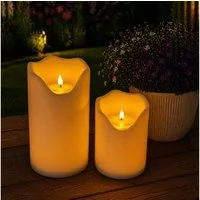 Online-Fuchs LED-Kerze 2 LED Solar Bodenkerzen, aufladbar für draußen - Lampen Outdoor (Creme oder Weiß, realistische Kerzenflamme), 20 und 30 cm hoch, 16 cm im Durchmesser