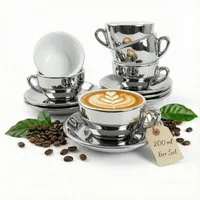 MUVELL Cappuccinotasse 6er Cappuccino-Set "BARI" Tasse 200ml + Untertasse, chrome, 6-tlg., Keramik, 200 ml Silber - Chrome mit weißen Rand und Innenfläche