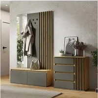 Lomadox Garderoben-Set DAVIS-166, (Spar-Set, 2-St., Kommode Garderoben Kombination), Eiche graphit Lamellen-Design grifflos modern