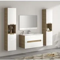Faizee Möbel Badmöbel-Set Badmöbel-Set 90cm Hochglanz Weiß inkl. Waschbecken + Seitenschränke