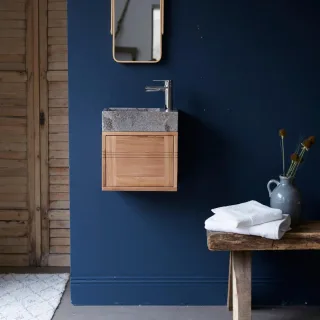 Badunterschrank aus Teakholz und Waschbecken aus grauem Marmor Basic grey