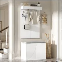 Flieks Garderoben-Set Kompaktgarderobe Kleiderständer mit 4 Haken, Schuhbank mit Kissen, (Set, 2-St., 60×35×(45+100) cm), Garderobenständer Schuhschrank Kleiderständer Weiß