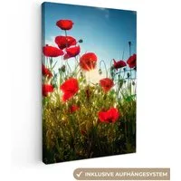 OneMillionCanvasses® Leinwandbild Mohnblumen - Toskana - Sonne - Rot - Blau, Fotodruck (1 St), Leinwand Canvas Wandbild, Wanddekoration 20x30 cm