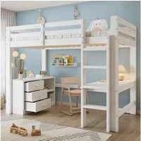 Merax Hochbett 90x200cm mit integriertem Schreibtisch (1-St., Jugendbett Einzelbett) Kiefer Kinderbett mit Schubladenschrank, Aufbewahrungsregal & Leiter
