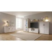 moebel-dich-auf Wohnwand ELEGANCE, (in Sibiu-Lärche Nb. Absetzung: San Remo hell, Vitrine + Wandboard + Lowboard + Stauraumelement), im Landhausstil inkl. LED-Beleuchtung