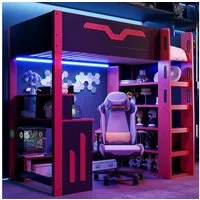 Merax Hochbett 90x200cm mit LED-Beleuchtung (1-St) Holz Kinderbett mit Schreibtisch, Stauraumtreppe, Regal & Ablage