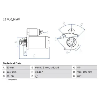 Bosch Anlasser 0,9 kW Citroen Mini Opel Peugeot 0986021970