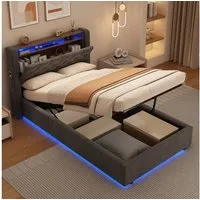 MODFU Polsterbett Mit Stauraum,LED-Beleuchtung und USB-Anschlüssen (Funktionsbett, 1-tlg., Stabiler Metallrahmen, inkl. Lattenrost, ohne Matratze), 90x200 cm, Hollandvelours, Kopfteil-Ablage