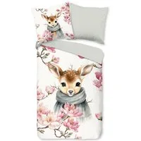 good morning Kinderbettwäsche Leone, Renforcé, 2 teilig, Baumwolle, 135x200, Wendeoptik, Kind, Mädchen, Hirsch, Winter, Weiß