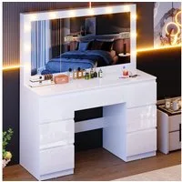 Furnicopia Schminktisch mit 7 Schubladen mit 2 Steckdosen 1 USB-Anschluss 1 Tycp-Anschluss (Größe 120*40*140cm Großer Spiegel 106cm Eingebautes Schmuckkabinett LED-Lichter Einstellbare Farbtemperatur und Helligkeit-ostern geschenke)