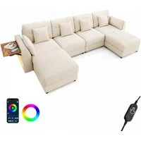 Merax Ecksofa U-Form/L-Form Sofa mit LED-Beleuchtung, Chenille, 292x135x82 cm 1 Teile, 6-Sitzer-Sofa mit 2 Hockern, klappbarem Armlehnen-Tisch & 6 Kissen