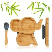 relaxdays Kindergeschirr-Set Kinderteller Bambus mit Löffel (2-tlg), 1 Personen, Bambus, grau