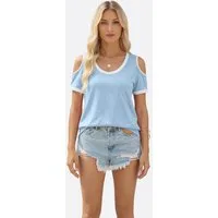 Imily Bela T-Shirt Damen Cold-Shoulder Rundhals Kurzarm Schulterfrei Casual (Packung, 1-tlg., 1per-Pack) mit Kontrastbündchen