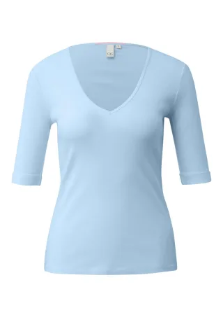 Q/S designed by - Slim Fit T-Shirt mit V-Ausschnitt und halblangen Ärmeln blau - Gr. - XL