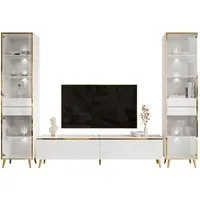 ALLHOUSE24 Wohnzimmer-Set Möbelset PEONY GOLD mit LED weiß Hochglanz Glasvitrine TV Schrank, (1x TV Schrank, 2 x Vitrinen), Fronten in Hochglanz, LED Beleuchtung