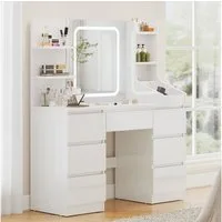 Furnicopia Schminktisch Einstellbare Helligkeit mit 7 Schubladen und 8 offenen Ablagefächern (Größe: 110 x 40 x 139 cm, Integrierte LED-Leiste mit einstellbaren drei Farbtemperaturen, Optional erhältlich mit Hocker mit Stauraum-ostern geschenke)