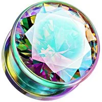 Taffstyle Plug Chirurgenstahl mit großen eingefassten Rainbow Zirkonia Kristall (Glänzender Ohr Plug Piercing mit Kristall in Rainbow Optik in mehreren Größen)
