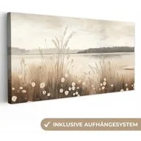 OneMillionCanvasses® Leinwandbild Panorama See - Wasser - Natur - Beige, Fotodruck (1 St), Wandbild, Deko Schlafzimmer Wohnzimmer Flur 40x20 cm