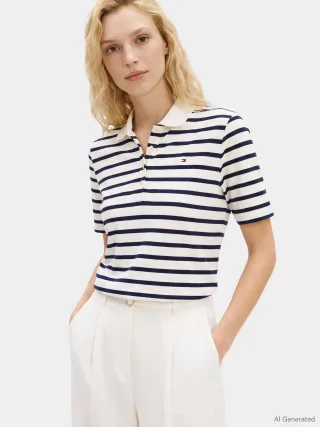 1985 REG PIQUE POLO SS Breton Ecru/Dark Night Navy Stp - Gr. - M
