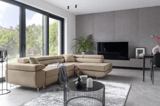 Ecksofa Schlafsofa SARRA in Stoff Paros Beige Ottomane Rechts