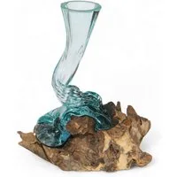 Wogeka Dekovase Glas-Vase "Osira" 25cm auf Wurzelholz Kanne Teakholz Gamal Bali